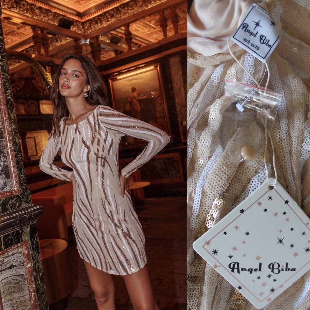 Selfie Leslie Angel Biba NWT Long Sleeve Keyhole Back Sequin Sheer Dress Gold XS